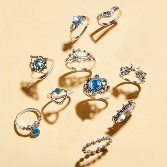 Silver & Blue 3/$30 Lotus Rhinestone 10pc Ring Set - Picture 2 of 2